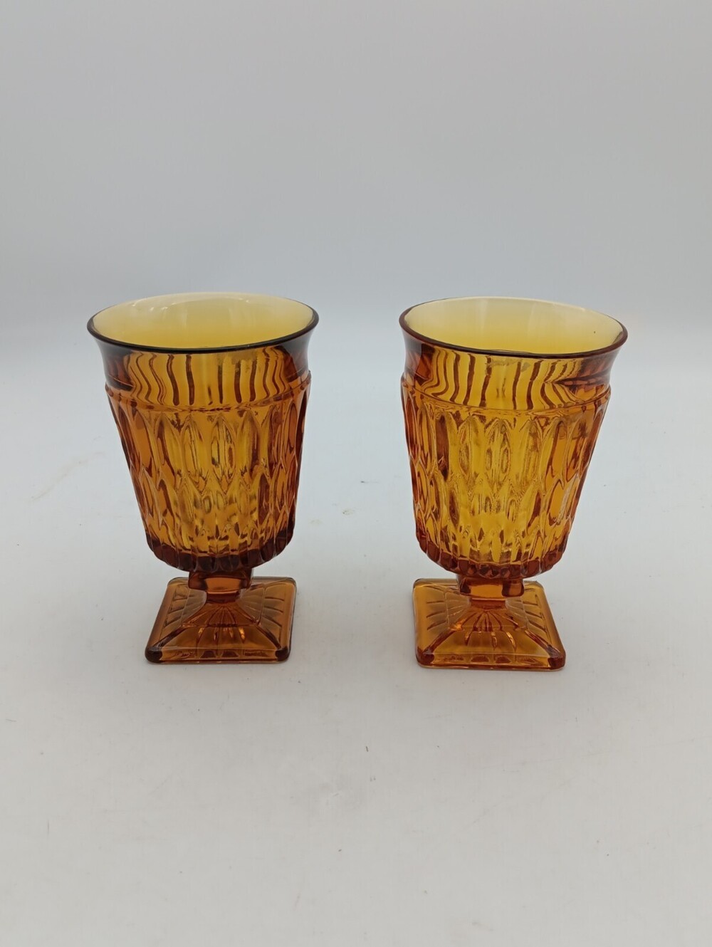Vtg Indiana Glass Mt Vernon Amber Footed Water Goblets Glasses Square Base Set 2